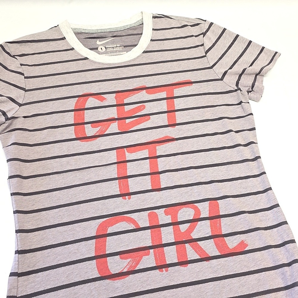 Nike T-Shirt Women L Grey Striped Get It Girl Graphic Ringer Tee Short Sleeve